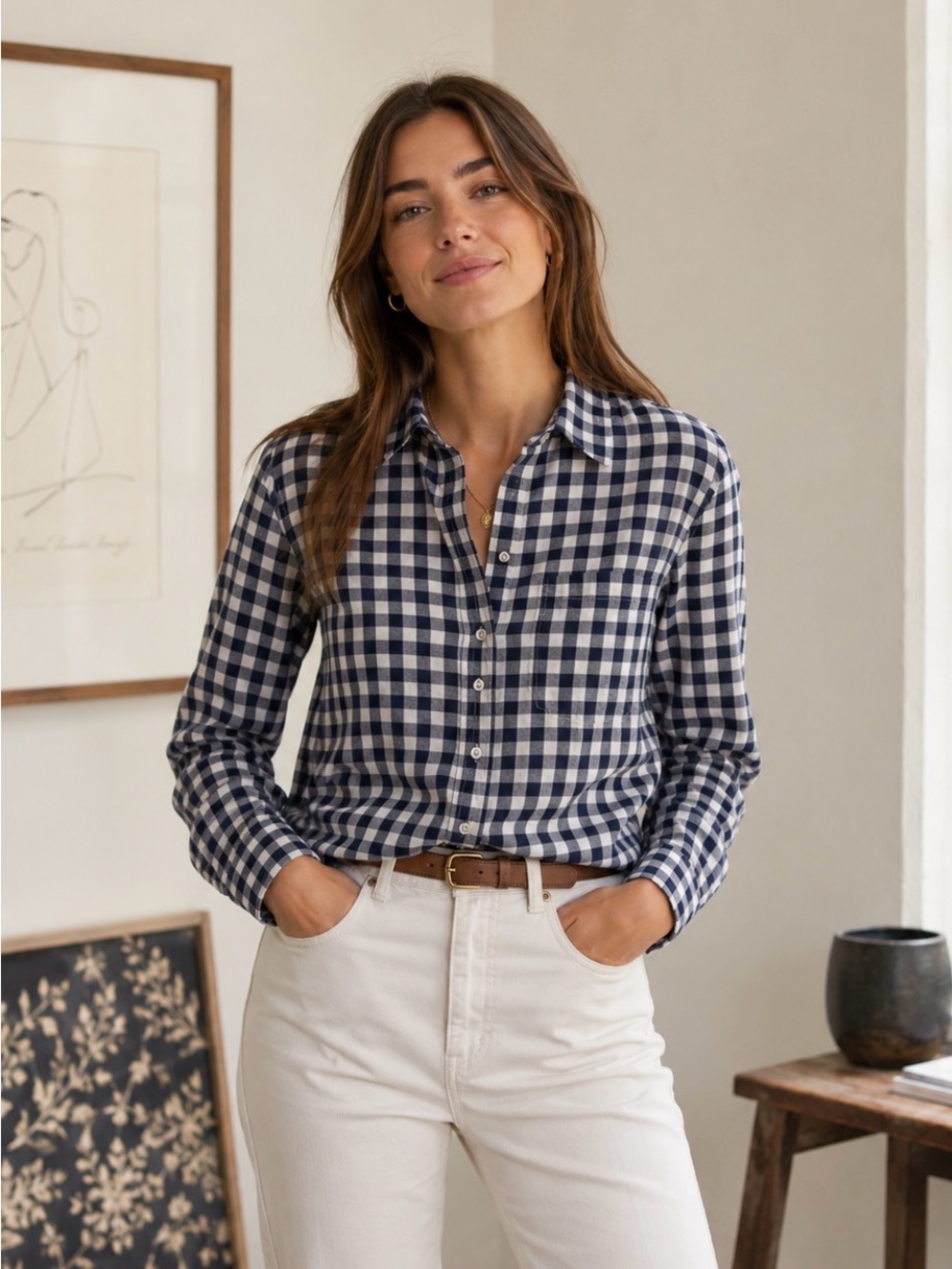 J. Crew Navy and White Gingham Button-Down Shirt